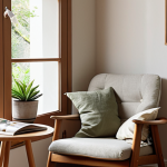 ** A cozy reading nook.

Prompt: *A warmly lit living room corner featuring a comfortable armchair, a small wooden side table with a steaming cup of tea, and a minimalist magazine open on the lap. Soft, natural light streams in from a nearby window.  Neutral color palette with pops of greenery from a potted plant. Focus on tranquility and relaxation. Magazine cover features a minimalist interior design theme.*

**
