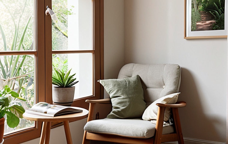 ** A cozy reading nook.
Prompt: *A warmly lit living room corner featuring a comfortable armchair, a small wooden side table with a steaming cup of tea, and a minimalist magazine open on the lap. Soft, natural light streams in from a nearby window. Neutral color palette with pops of greenery from a potted plant. Focus on tranquility and relaxation. Magazine cover features a minimalist interior design theme.*
**